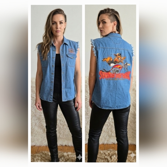 Biker Design Tops - Sturgis Bike Week 2006 Blue Denim Sleeveless Button-Down Shirt Back Graphic